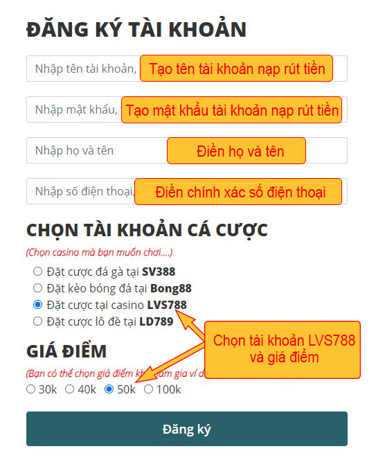 Tạo tài khoản nạp rút tiền LVS788