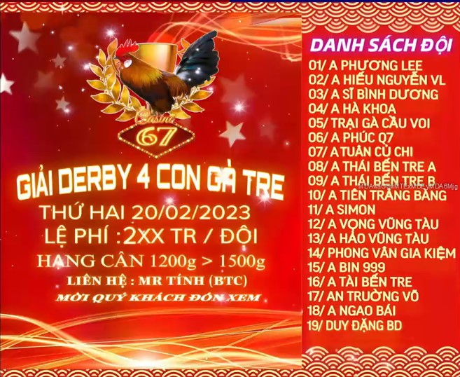 Giải Derby 4 con gà tre ngày 20/02/2023